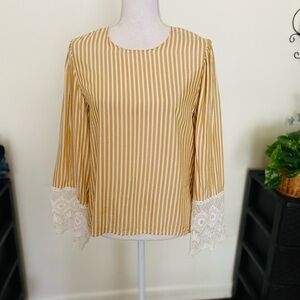 H & M women’s striped lace trim wide sleeve keyhole blouse top Sz 8 yellow white